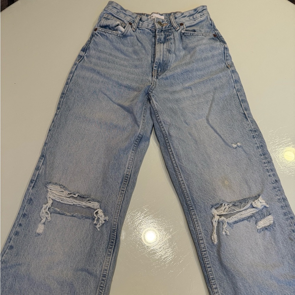 Zara Light Blue Ripped Flare Jeans
